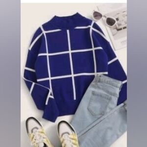 Stand Collar Drop Shoulder Grid Sweater